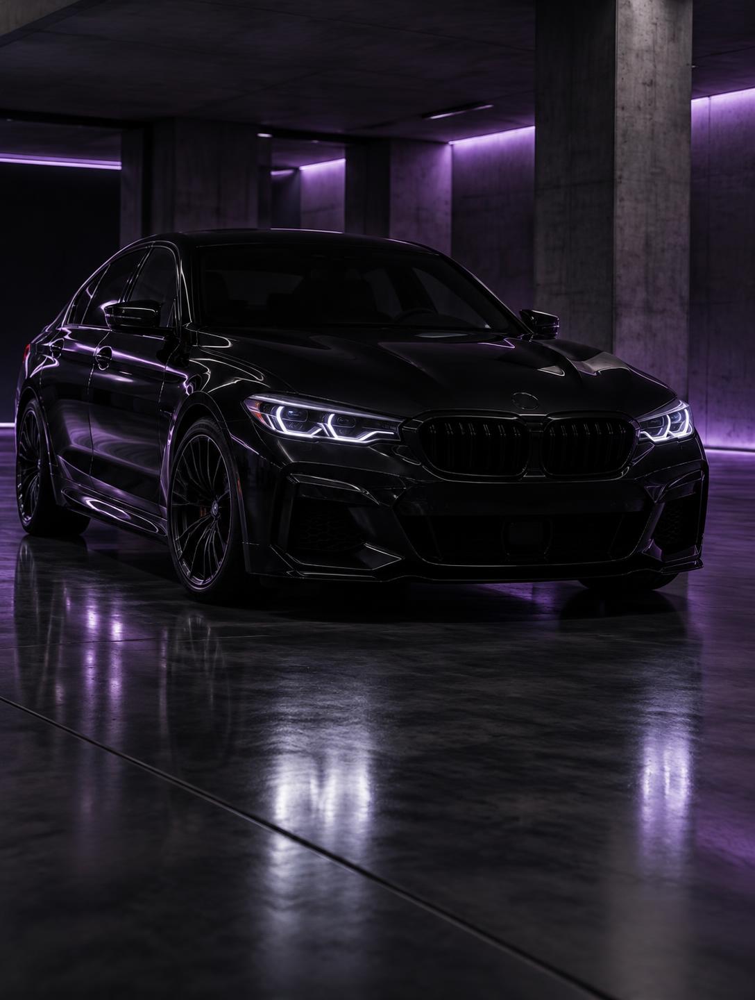 Sedan premium negru într-un showroom cu lumină violet